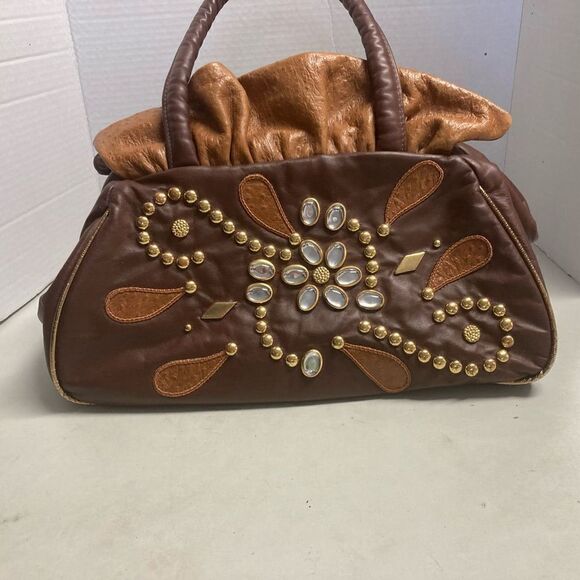 Y2K Genuine Leather Rhinestone Handbag Satchel brown & tan Baguette Chunky - Picture 10 of 11